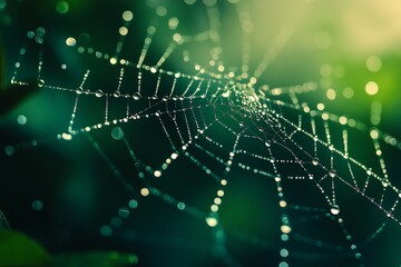 Obraz premium Glistening spider web with morning dew drops in lush greenery