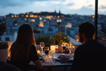 Romantic rooftop dinner with city view at dusk
