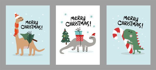 Set of Merry Christmas dinosaurs cards. Cute dino in Christmas costumes.