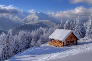 Rustic cabin in snowy mountain landscape with frosted pine trees and blue sky