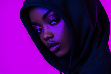 Naklejka premium Stylish Woman with Black Hoodie and Solid Neon Purple Highlights, Captured in a Solid Background for a Fashionable Lifestyle Portrait