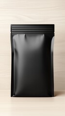 top view photorealistic black paper packaging bag mockup with header seal on wooden table