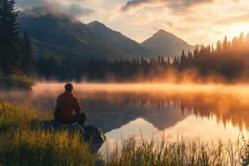 Tranquil fisherman at sunrise by misty lake with mountain backdrop