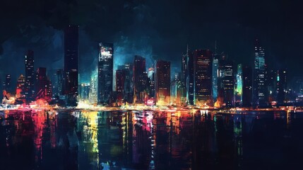 Nighttime cityscape with colorful reflections on water