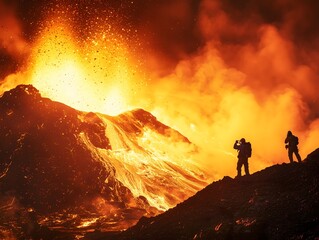 Fototapeta premium A breathtaking volcanic eruption fills the sky with orange and yellow hues, while two silhouettes stand on the rocky terrain, captivated by the powerful display of nature's force.