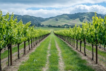 Naklejka premium Lush vineyard rows against scenic rolling hills under cloudy sky