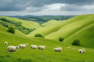 Obraz premium Serene pastoral landscape with sheep grazing on lush green hills under cloudy skies