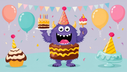 Fototapeta premium cute cartoon monster with cake, birthday flat design illustration