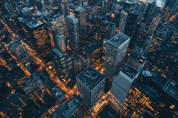 Obraz premium Dynamic aerial view of illuminated urban skyscrapers at night