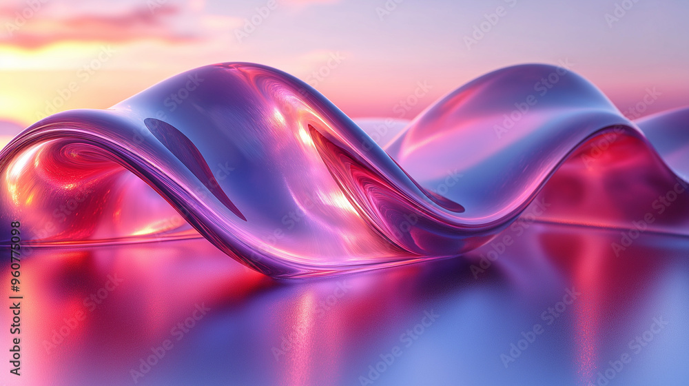 Wall mural A flowing, translucent wave of vibrant pinks and purples reflects a surreal sunset, merging light and fluidity in a serene, dreamlike landscape of smooth motion and shimmering hues.