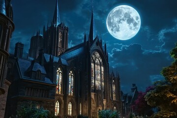 Obraz premium A gothic-style building illuminated under a full moon, featuring intricate stained glass windows.