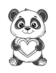Fototapeta premium Cute cartoon panda holding a heart, coloring page for kids with crisp lines and a white background,