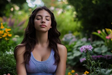 Naklejka premium Serene meditation in nature: young woman relaxing in lush garden setting