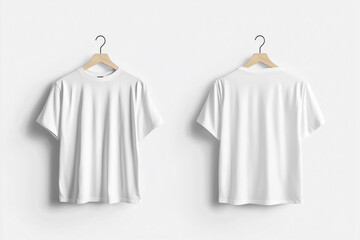 A stylish t-shirt mockup on a hanger with a plain white background, showcasing the front and back sides, with editable layers for custom graphics, patterns, or logos