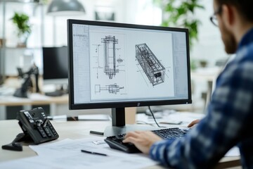 Architect working on technical computer drafting in modern office space
