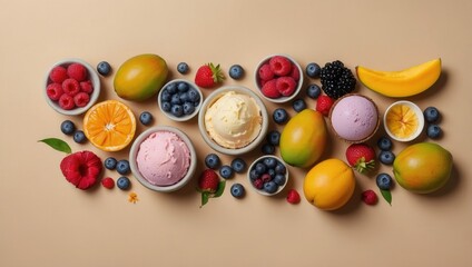 A colorful assortment of fruits and ice cream on a table