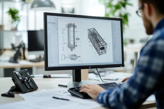 Architect working on technical computer drafting in modern office space