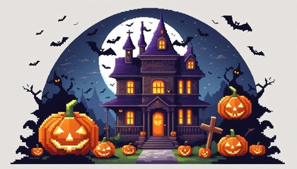 Fototapeta premium manoir style pixel illustration halloween nuit chauve souris citrouille ciel lune extérieur fond gris