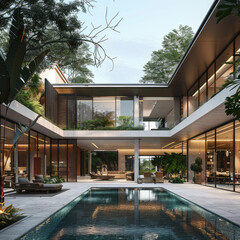 the luxury mansion witht he pool int he courtyard design perspective 3d rendering 