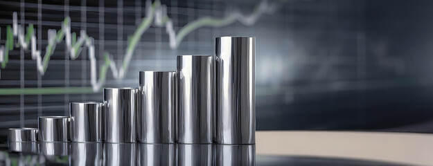 A series of metallic stainless steel cylinders in ascending height in front of a financial graph, symbolizing growth, progress, and industrial development.