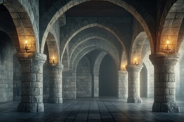 A dimly lit stone corridor with arches and candlelight, evoking a medieval atmosphere.