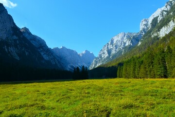 View of Krma alpine valley and Draski vrh mountain peak in Slovenia