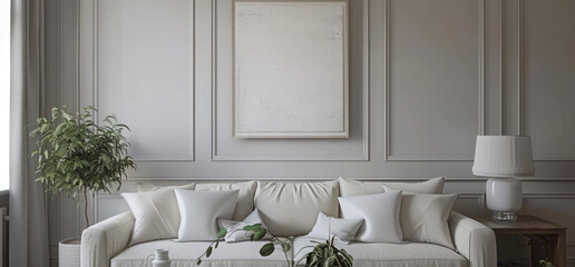 white LIVING ROOM background empty white frame  in luxury apartment with a lot of  light from the clear glass windows neutral color and blue theme