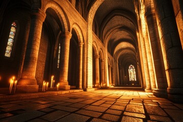 Obraz premium A serene interior of a stone cathedral illuminated by candles and stained glass windows.