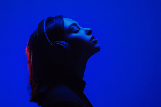 Elegant Woman in Black Headphones with Solid Neon Blue Details, Captured in a Contemporary Lifestyle Portrait