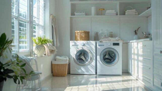 Modern laundry room interior, front-loading washing machine, organized shelves with essentials in background.