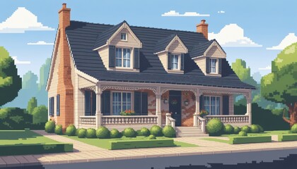 Obraz premium Pixel illustration de maison tuile noire brique devanture buisson porte fenêtre ciel nuage