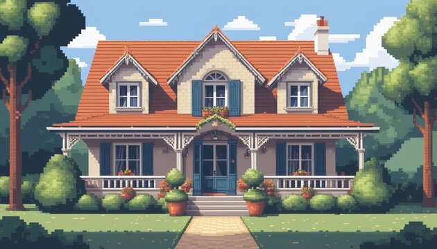 Pixel illustration de maison tuile noire brique devanture buisson porte fen&ecirc;tre ciel nuage