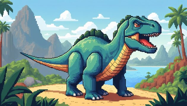 Pixel illustration de dinosaure vert blanc lac ciel nuage