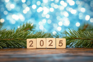 Wooden cubes with the numbers 2025 on the background of the Christmas tree and bokeh