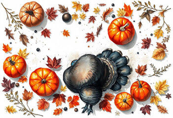 Thanksgiving illustration, watercolor style, high quality, clear white background