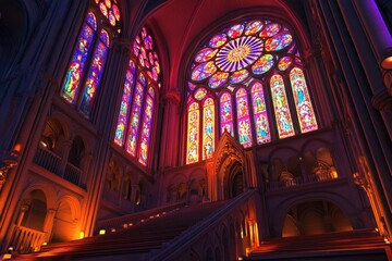 Naklejka premium A stunning interior of a cathedral featuring vibrant stained glass windows and grand architecture.