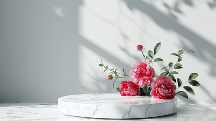 White marble podium with red peony bouquet on table for cosmetic background