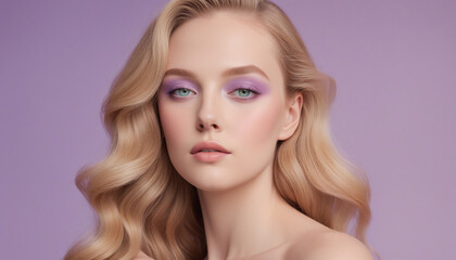 Naklejka premium Beautiful young woman Blonde Wavy Hair on Purple Background - Fashion and Beauty Portrait