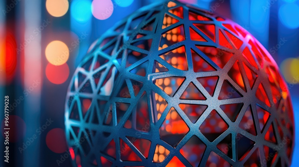 Aufkleber a decorative geometric sphere with intricate patterns, illuminated with colorful lights.