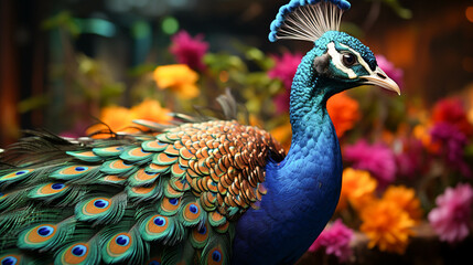 A peacock with a colorful tail is shown with a green background