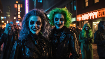 Halloween night street with eerie makeup and colorful costumes of spooky characters in urban setting