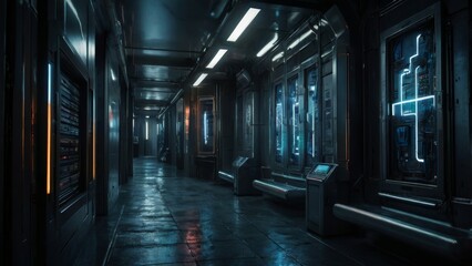 Obraz premium Futuristic hallway with glowing lights.