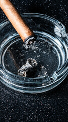 cigar cigar in a lit ashtray and already half its length slowly burning down