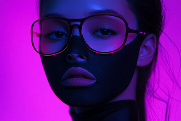 Elegant Woman with Black Face Mask and Solid Neon Purple Details, Featured in a Fashionable Lifestyle Portrait © Blockbits