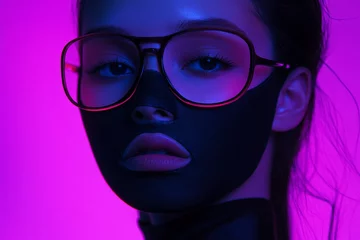 Elegant Woman with Black Face Mask and Solid Neon Purple Details, Featured in a Fashionable Lifestyle Portrait © Blockbits