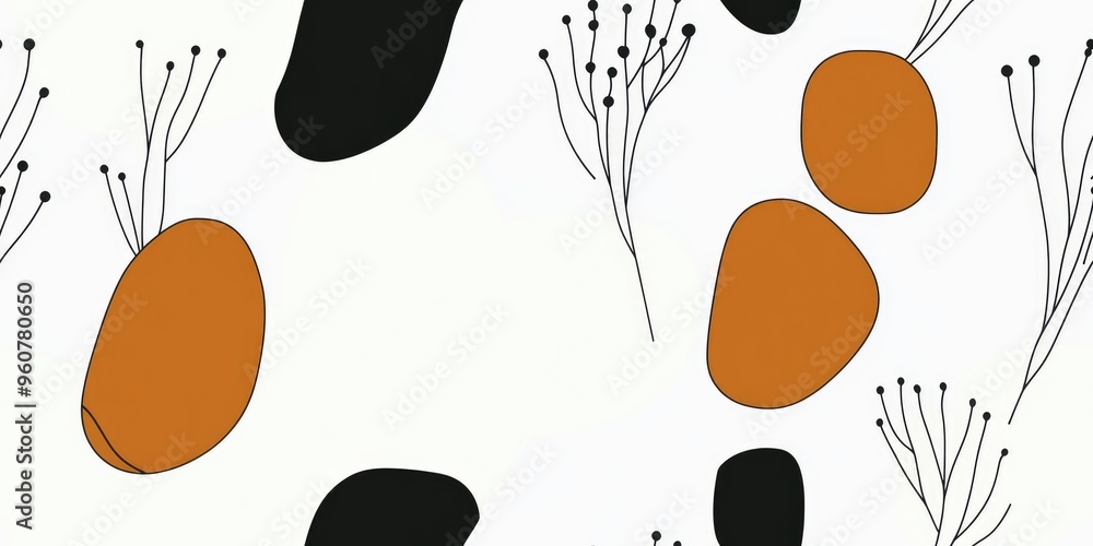 Poster a dreamy autumn landscape adorned with abstract floating leaves and branches in warm earthy tones, c