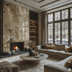 HIGH CEILING LOFT LIVING ROOM background fireplace  in luxury apartment with a lot of light from the clear glass windows neutral color and brown stone theme