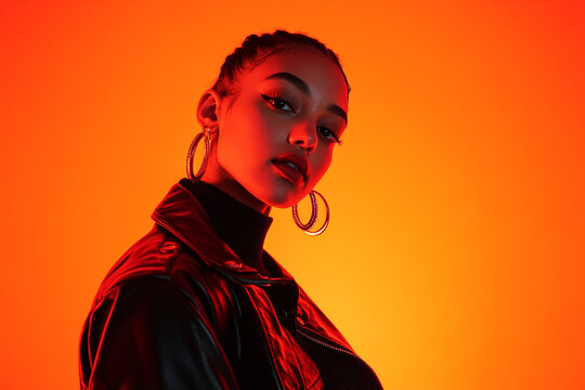 Elegant Woman with Leather Jacket and Solid Neon Orange Accents, Featured in a Modern Lifestyle Portrait