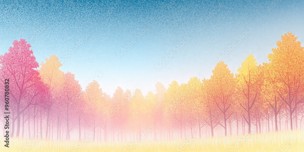 Poster A captivating autumn landscape featuring vibrant trees and soft colors creating a serene atmosphere in a tranquil forest at dusk
