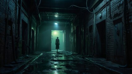 A woman walks alone in a dark, abandoned hallway.